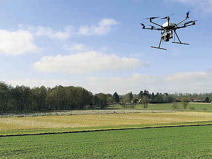 Drohnenflug mit Kamera über ein Weizenfeld im Fieldlab for Digital Agriculture des ATB am Standort Marquardt.