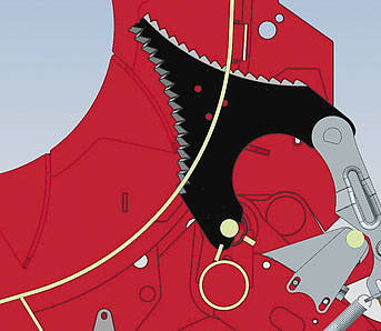 Korrekt eingestellter Abstand zwischen Messer und Rotorrohr beim Exact-Cut Schneidwerk. Die Kerbe steht auf Höhe des Rotorzinkenrings (siehe blauer Kreis).