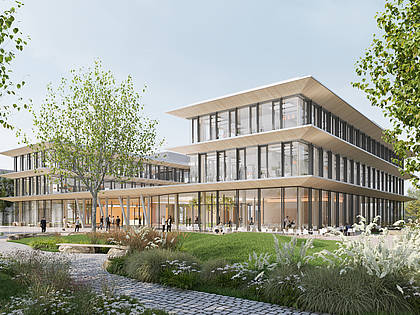 Transparenz und Nachhaltigkeit kennzeichnen das vom Architekturbüro Planquadrat aus Darmstadt entworfene neue Vertriebsgebäude in Dieburg.